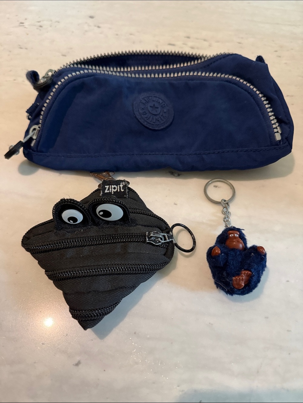 Kipling Navy Kids Pouch with Black Zipit Coin Case and Navy Gorilla Keychain